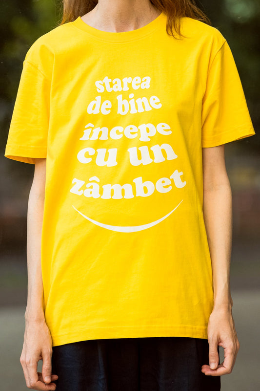 Starea de bine începe cu un zâmbet - tricou S din bumbac 100% - colecția FIRESC Tricou unisex - slow fashion România